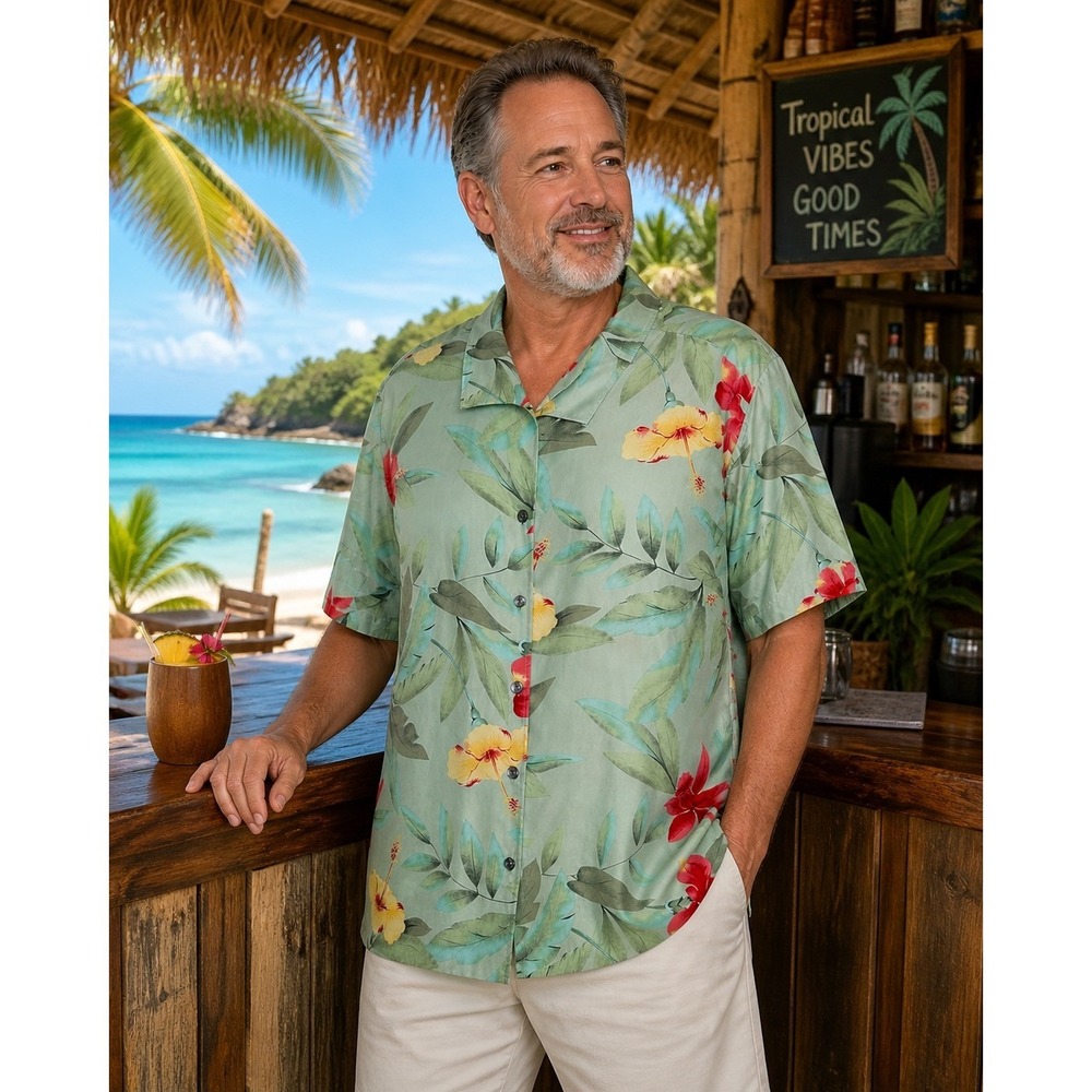 Linden Hill Shirt Mens‎ 2X Green Silk Tropical Hibiscus Floral Hawaiian Camp